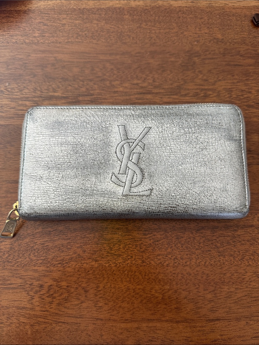 Saint Laurent Metallic Silver Embossed YSL Zip Wallet gold hardware